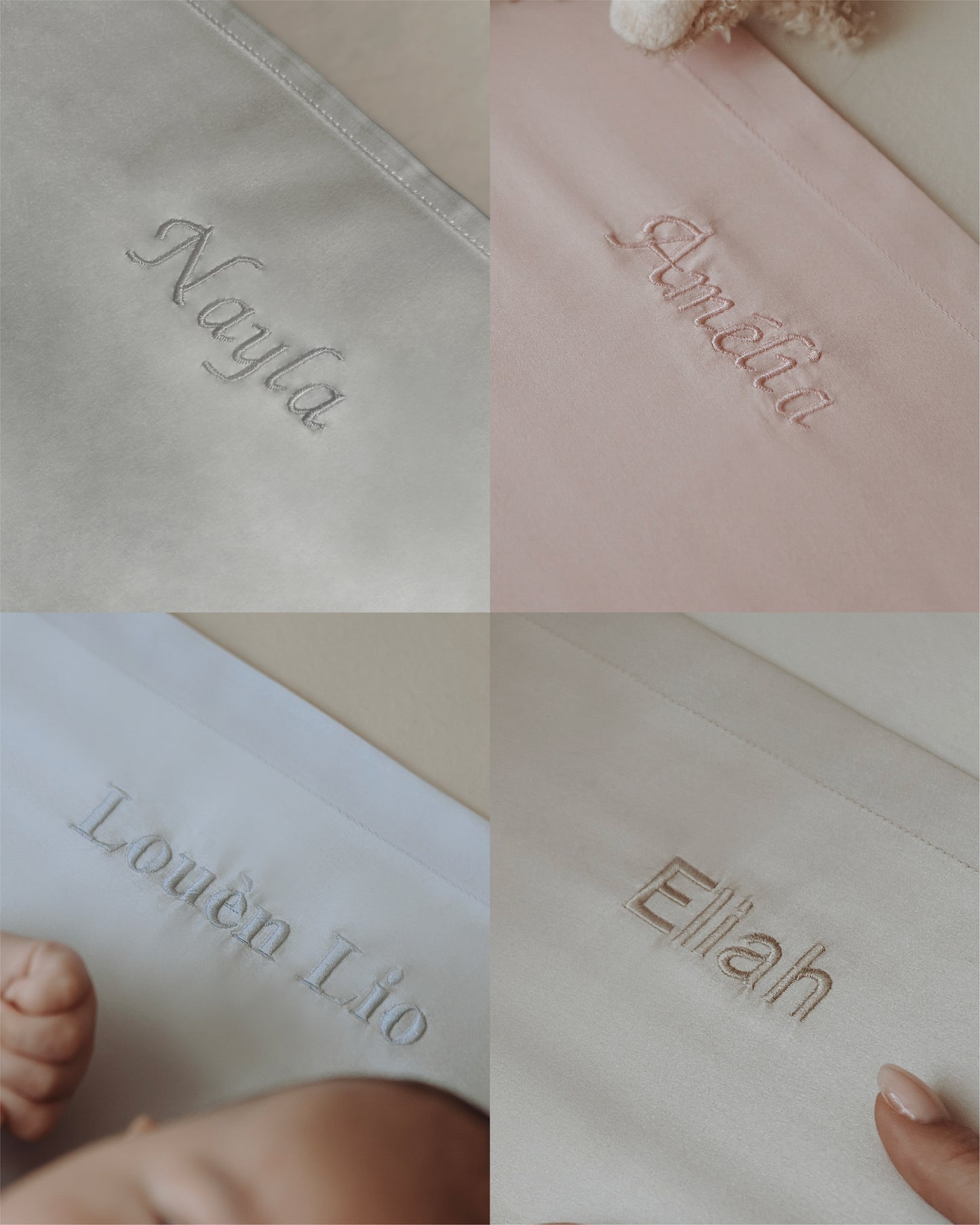 Voorbeeld borduringen van Silky Baby, verschillende borduurlettertypes
