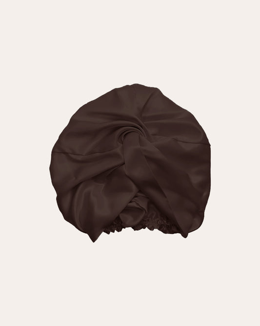 Zijden Premium Bonnet voor je haar, verzorgt je haar tijdens het slapen, in de kleur donkerbruin.