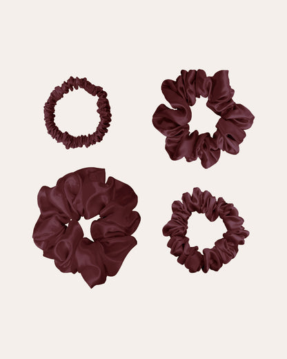 Luxe 100% Moerbei Zijden Scrunchies in 4 maten in de kleur bordeaux, zijden elastieken. 