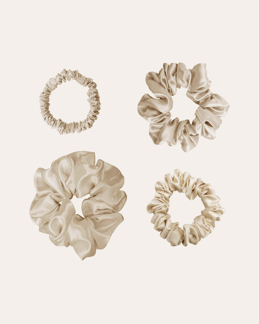 Luxe 100% Moerbei Zijden Scrunchies in 4 maten in de kleur creme, zijden elastieken. 