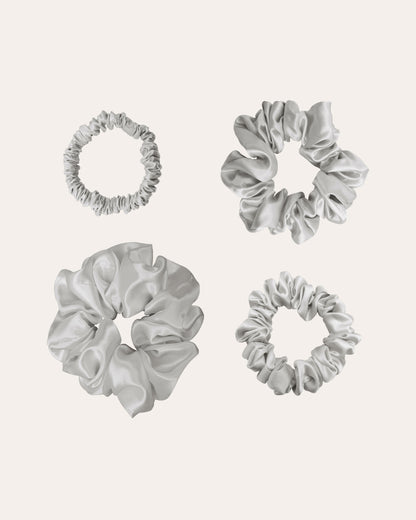 Luxe 100% Moerbei Zijden Scrunchies in 4 maten in de kleur lichtgrijs, zijden elastieken.