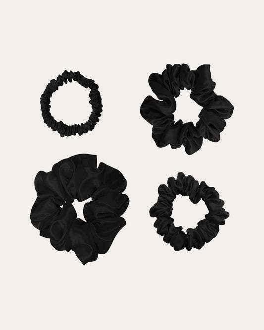 Luxe 100% Moerbei Zijden Scrunchies in 4 maten in de kleur zwart, zijden elastieken. 
